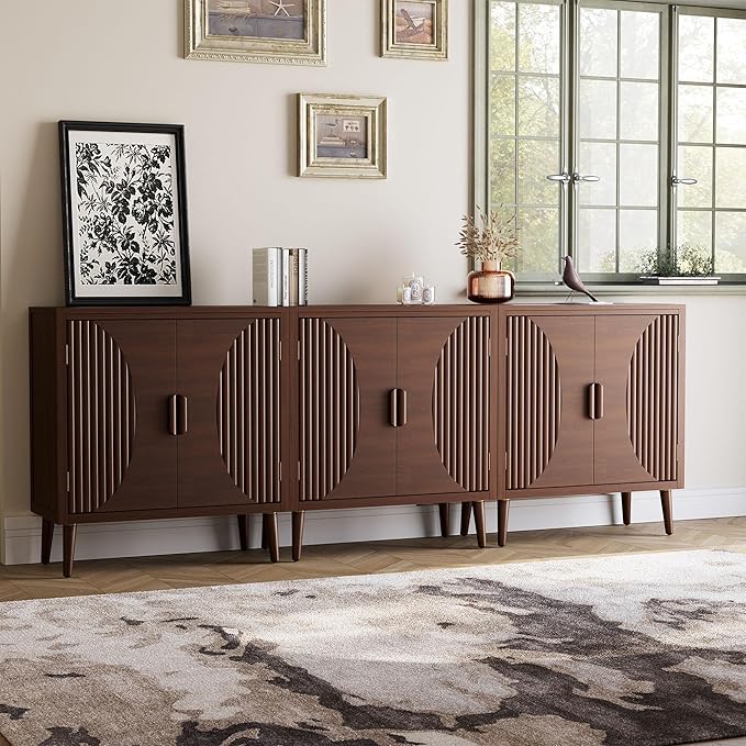 COSIEST Set of 3 30" Storage Sideboards with Doors, Accent Cabinets with Magnetic Push-to-Open Doors, Brown Line Pattern, Entryway Console for Living Room, Kitchen, Hallway