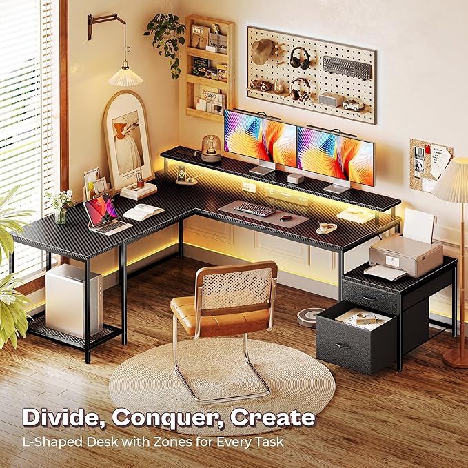 PRAISUN 66 Inch L Shaped Computer Desk with Power Outlets and LED Lights, Home Office Desk with Fabric Drawers and Print Stand, L Shape or Straight Set up, Monitor Stand, Carbon Fiber Black
