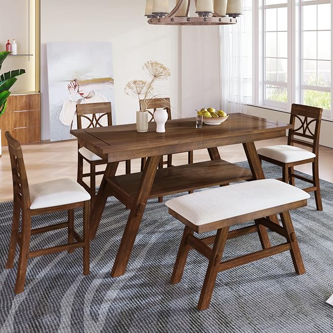 Merax 6 Piece Wood Counter Height Dining Table Set with Storage Shelf, Beige Cushion, Kitchen Table Set with Bench and 4 Chairs, Rustic Style, Walnut