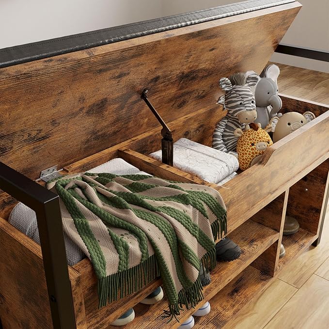 IRONCK Shoe Storage Bench, Entryway Bench with Lift Top Storage Box, Metal and Board Bench for Entryway, Two Tier Shoe Rack Organizer for Entryway, Hallway, Industrial, Vintage Brown