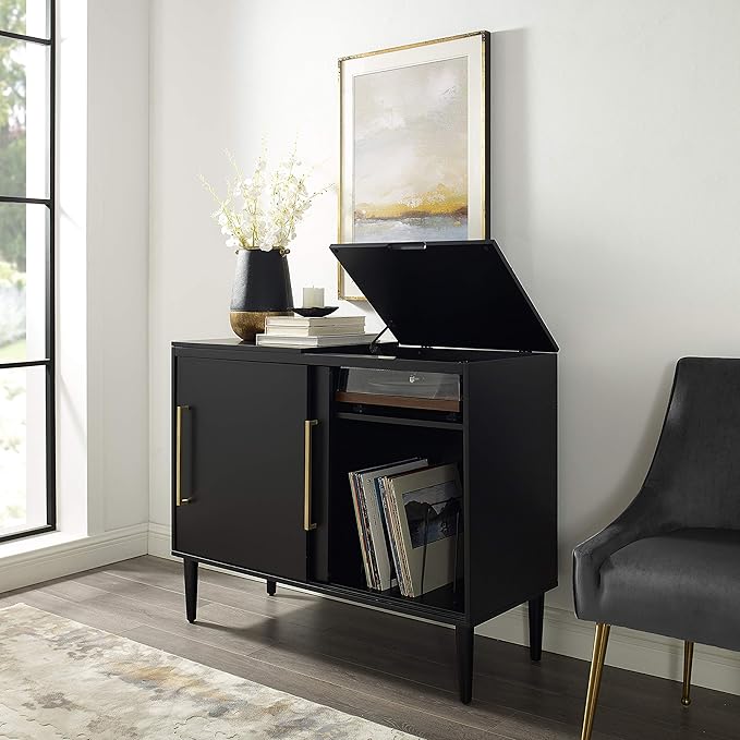 Crosley Furniture Everett Media Console and Record Player Stand with Storage for Vinyl Records, Matte Black