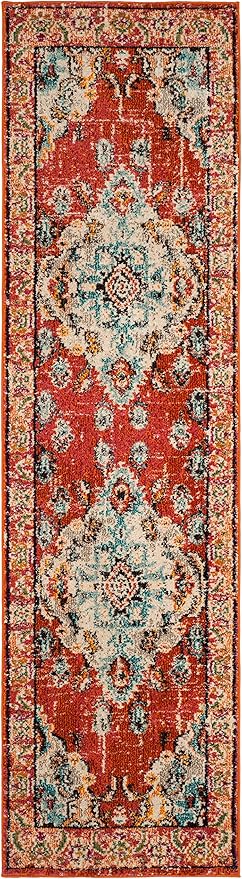SAFAVIEH Monaco Collection Runner Rug - 2'2" x 14', Orange & Light Blue, Boho Chic Medallion Distressed Design, Non-Shedding & Easy Care, Ideal for High Traffic Areas in Living Room, Bedroom (MNC243H)