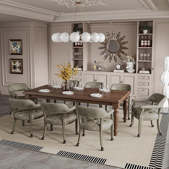 LEEMTORIG Large Dining Chairs with Casters and Arms, Rolling Dining Chairs with Wheels, Solid Wood Boss Caption's Chairs Office Desk Chairs, 26" D x25.2 W x 31.5" H, Soft Light Grey PU SY-1318-UA