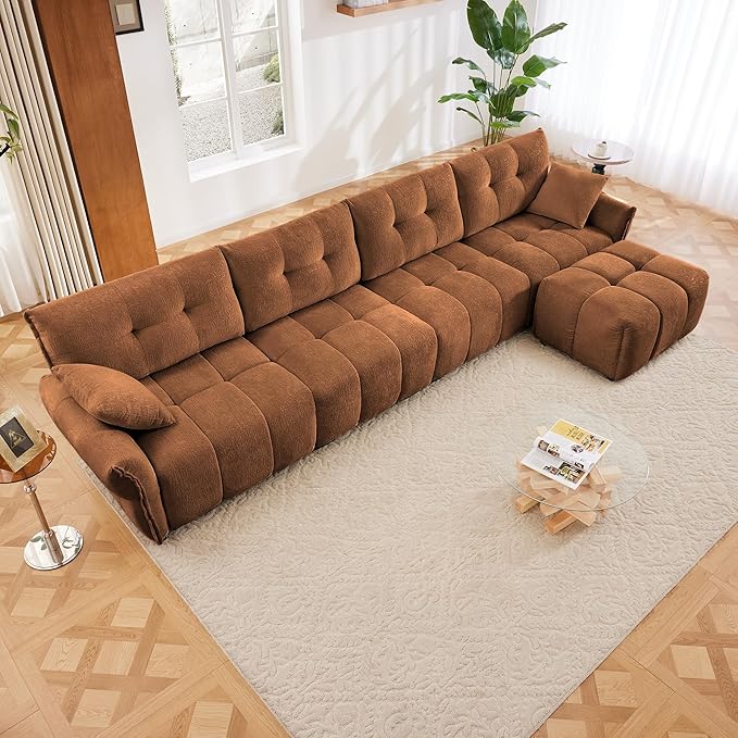 Modern Chenille Fabric 4-Seat Sofa w/Ottoman+2 Pillows, Premium Upholstery Living Room Couch with Tufted Backrest & Comfortable Armrests and High-Resilience Memory Foam Cushions,Orange
