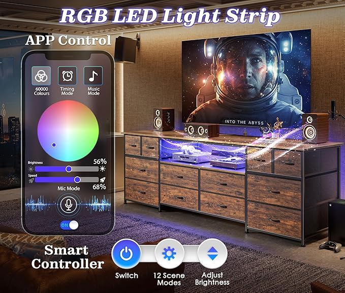 Huuger 70.9 Inch Dresser TV Stand with LED Lights, Power Outlets and USB-C Port, 12 Fabric Drawer Dresser for Bedroom, Wide Entertainment Center for 75, 80 Inch TV, Open Shelf, Rustic Brown