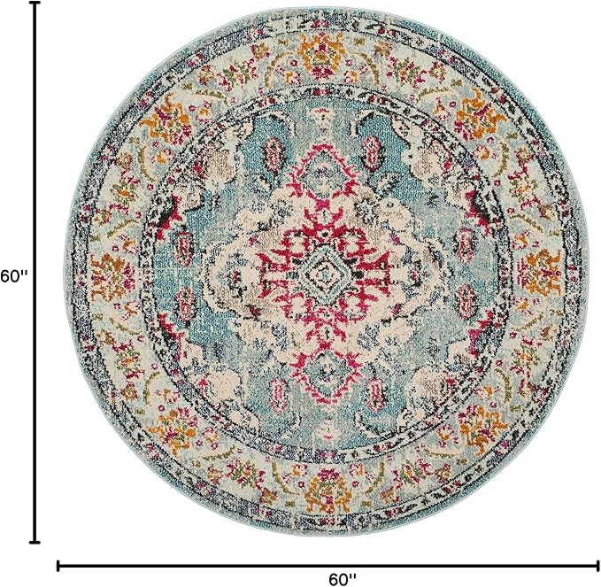 SAFAVIEH Monaco Collection Area Rug - 5' Round, Light Blue & Fuchsia, Boho Chic Medallion Distressed Design, Non-Shedding & Easy Care, Ideal for High Traffic Areas in Living Room, Bedroom (MNC243J)