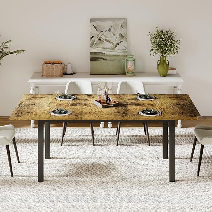 Feonase 63" Extendable Dining Table, Modern Farmhouse Dining Room Table for 4-8, Wooden Kitchen Table for Small Space, Dining Room, Home Office, Living Room Furniture, Rustic Brown