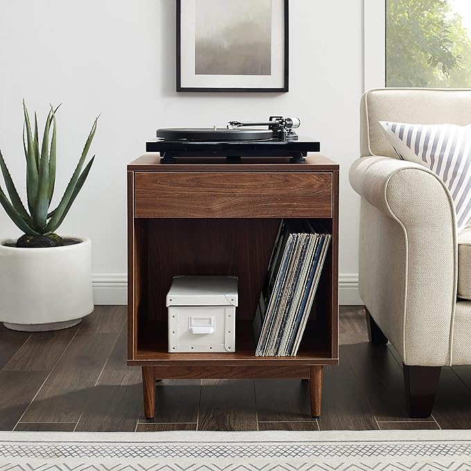 Crosley Furniture Liam End Table and Record Player Stand with Storage for Vinyl Records, Walnut