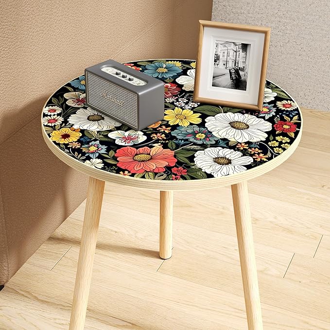 Mandala Round End Table, Small Side Table with Colorful Flowers Finish, Retro Modern Small Coffee Table for Balcony, Living Room(15.7" Dia. x 18.5" H, Colorful, Round)