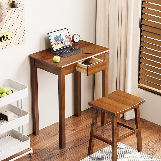 Solid Wood Desk with Drawers - 24 x 16 Inch Vintage Narrow Desks, Mid Century Modern Desks, Rubber Wood Study Table, Small Writing Desk for Bedroom|Small Spaces - Walnut Color