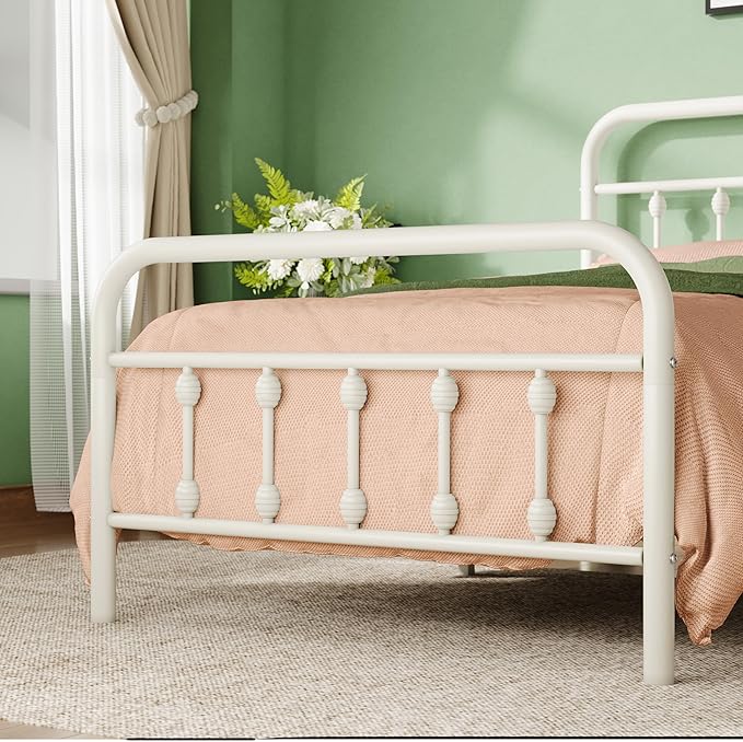 Allewie 14 Inches Twin Size Metal Platform Bed Frame with Victorian Style Iron-Art Headboard/Footboard, Mattress Foundation, Easy Assembly, Under Bed Storage, No Box Spring Required, Off White