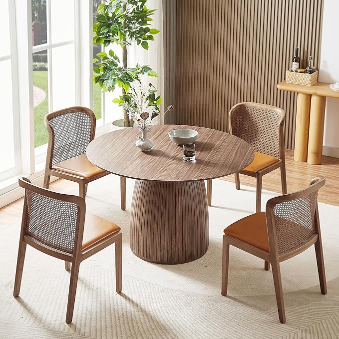 Modern Wooden Mushroom-Shape Round Dining Table, Home Kitchen Furniture Diningtable Natural Wood Grain Variation Tabletop and Circular Leg for Living Space