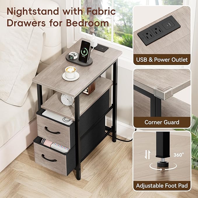 Vagusicc Nightstand with Charging Station and LED Lights, Narrow Side Table, LED Night Stand with 2 Fabric Drawers, Bedside Table with USB Ports and Outlets, Tall Nightstand for Bedroom, Rustic Grey
