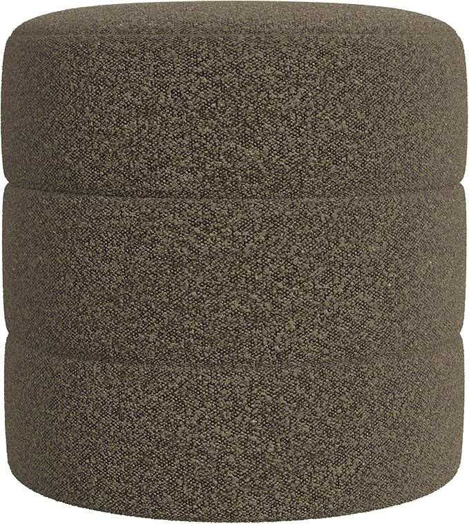 HomePop Upholstered Round Ottoman (No Lid, Seat Only) Home Décor | Round Pouf Foot Rest – Dark Brown Boucle
