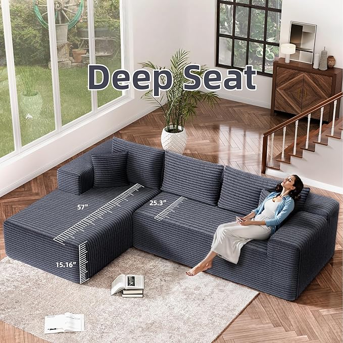 Cloud Sectional Couch, 104”L-Shape Large Oversized Sofa with Right Chaise Lounge, Modular Sleeper Couch with Pillows & Deep Seat, Flannel Velvet Compressed Sofa for Living Room, Dark Gray