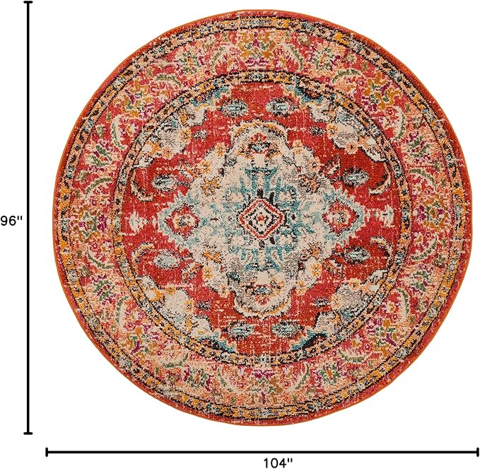 SAFAVIEH Monaco Collection Area Rug - 8'8" Round, Orange & Light Blue, Boho Chic Medallion Distressed Design, Non-Shedding & Easy Care, Ideal for High Traffic Areas in Living Room, Bedroom (MNC243H)
