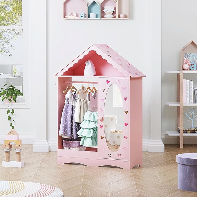 UTEX Kids Dress Up Storage with Mirror, Kids Wardrobe Closet, Dress Up Armoire for Little Girls, Open Hanging Costume Organizer with Storage Cabinet for Kids Room, Playroom
