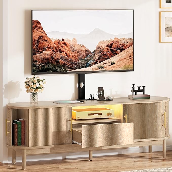 YITAHOME Fluted TV Stands for Living Room with Mount, Modern LED Entertainment Center for 75 Inch TVs, Curved TV Stand with Power Outlets & LED Light, Curved Profile Design, Natural Oak