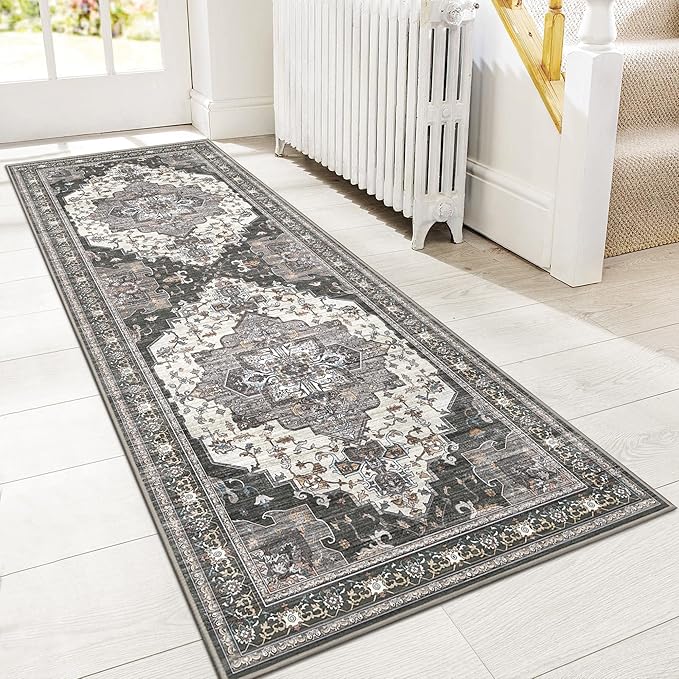 GENIMO 2X8 Hallway Runner Rug, Machine Washable Non Slip Vintage Floral Patchwork Runners, Thin Low Pile Chenille Carpet Runners for Entryway, Kitchen, Bathroom, Bedroom, Slate Gray