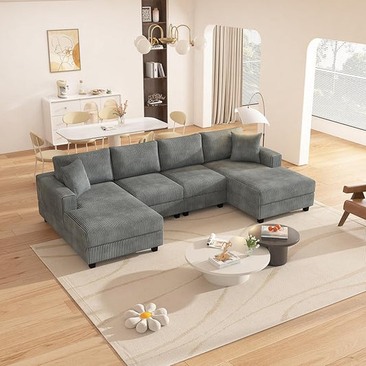 Eafurn Oversized Symmetrical U Shaped Modular Sectional Sofa with Double Chaise Lounge, Reversible Corduroy Upholstered Sofa Extra Wide Deep Seat Sleeper Sofas Couches w/ 2 Pillows