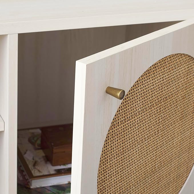 SAFAVIEH Home Collection Ophelia Bleached White/Natural Rattan 2-Door 2-Shelf Entertainment Media Stand (Fits up to a 50" Flatscreen TV)