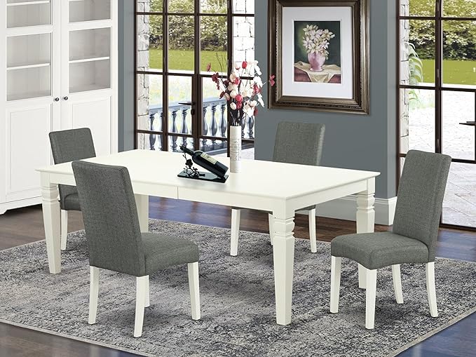 East West Furniture LGDR5-LWH-07 5 Piece Kitchen Table Set for 4 Includes a Rectangle Butterfly Leaf Dining Table and 4 Gray Linen Fabric Upholstered Chairs, 42x84 Inch, Linen White