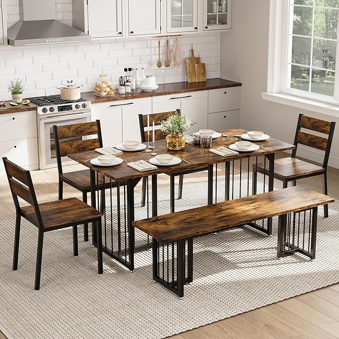 DWVO 63 Inch Dining Table Set for 6-8 People 6-Piece Large Kitchen Table Set with 2 Benches and 4 Chairs Farmhouse Rectangular Dining Room Table for Kitchen Dining Room Apartment Rustic Brown