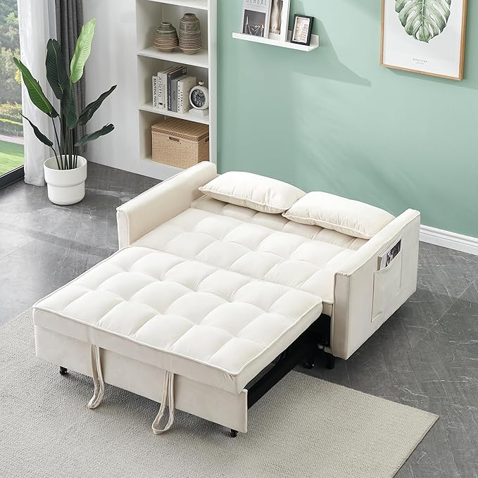 Ball & Cast Convertible Sofa Bed,Loveseat Sleeper Sofa W/Pull-Out Bed&2 Pillows,Convertible Pull Out Couch W/Adjustable Backrest&Side Pocket,Velvet Futon Couches for Living Room,Apartment,Beige,55"