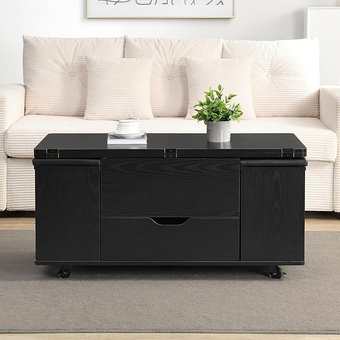 Merax Multi-Functional Lift-Top Coffee Table with Hidden Storage and Stools,Multi-Function Modern Center Table with 4 Stools and Casters,Perfect for Modern Living Spaces, Black