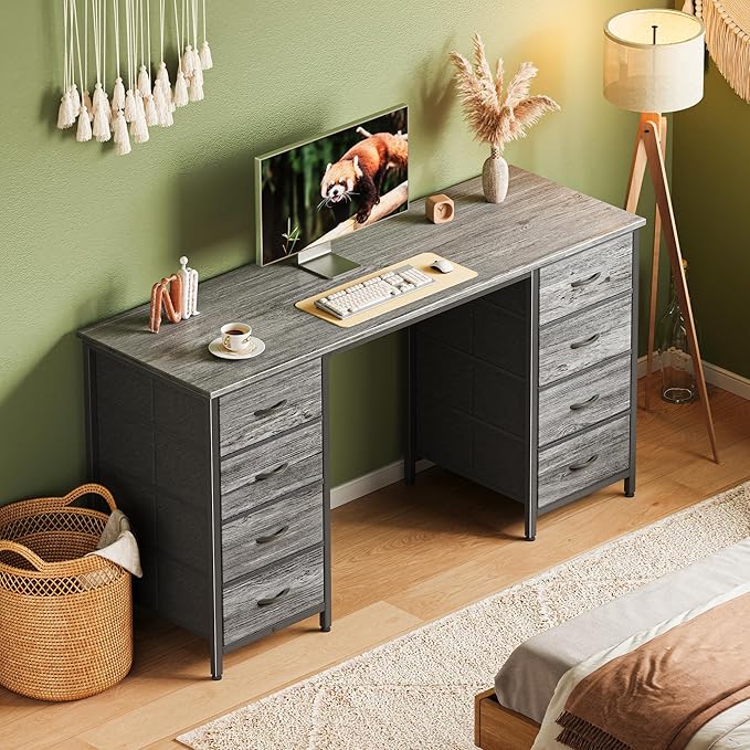Huuger 54 Inch Computer Desk with 8 Fabric Drawers, Office Desk for Home Office, Study, Gaming Desk with Drawers, Large Storage, Grey
