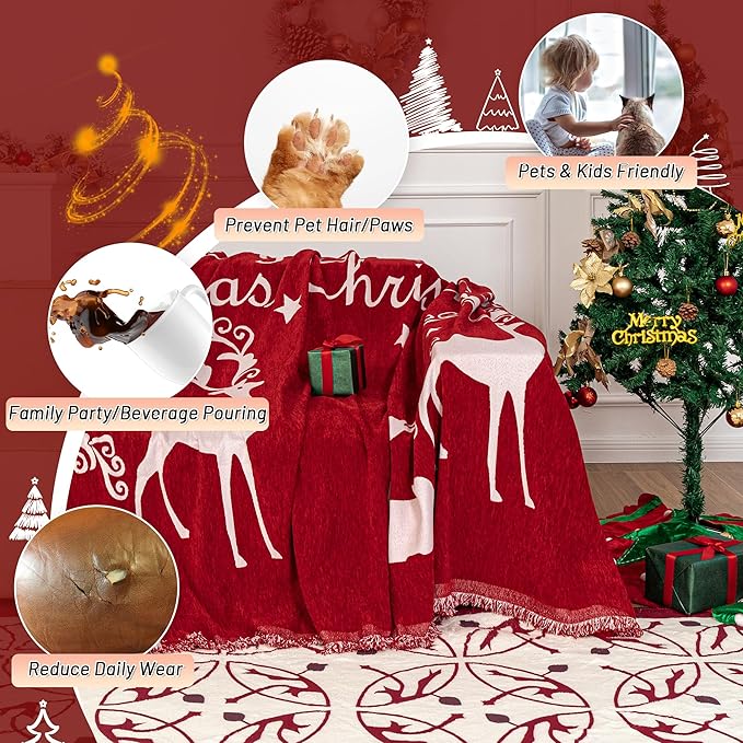 MYSKY HOME Christmas Couch Cover Sofa Cover, Couch Covers for 3 Cushion Couch Sofa Pet Friendly, L Shaped Couch Cover, Sectional Couch Covers Non Slip Furniture Protector for Kids, Dogs, 71"x134", Red