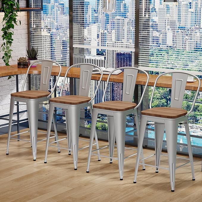 Changjie Furniture 24 Inches Metal Barstools Set of 4 Counter Height Bar Stools Industrial Stools with Backs High Back Chairs for Kitchen Island (24 Inch, Silver)