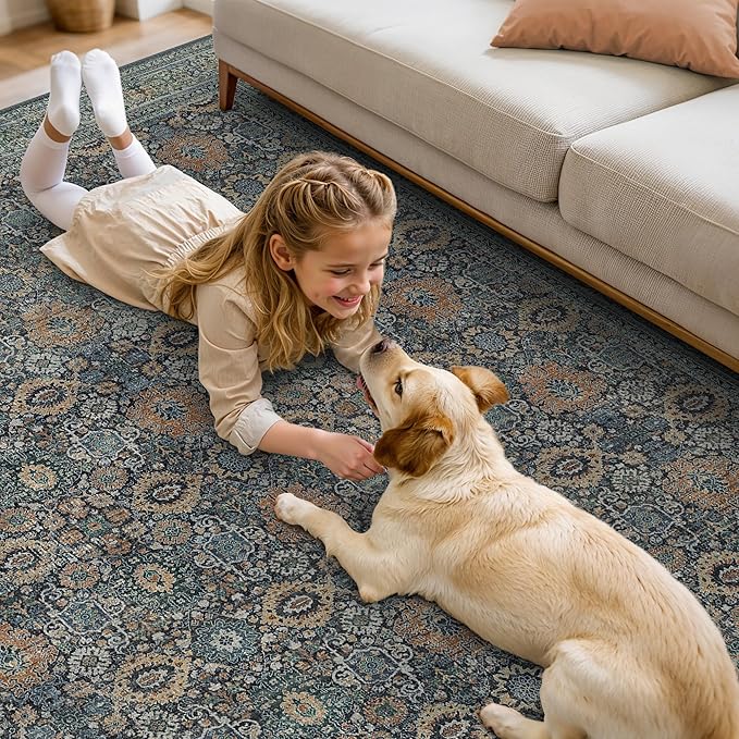 10X14 Area Rugs Machine Washable Rugs for Living Room, Vintage Boho Large Rugs for Bedroom Dining Room, Non Slip Indoor Soft Distressed Lightweight Thin Low Pile Carpet, Beige Blue Grey