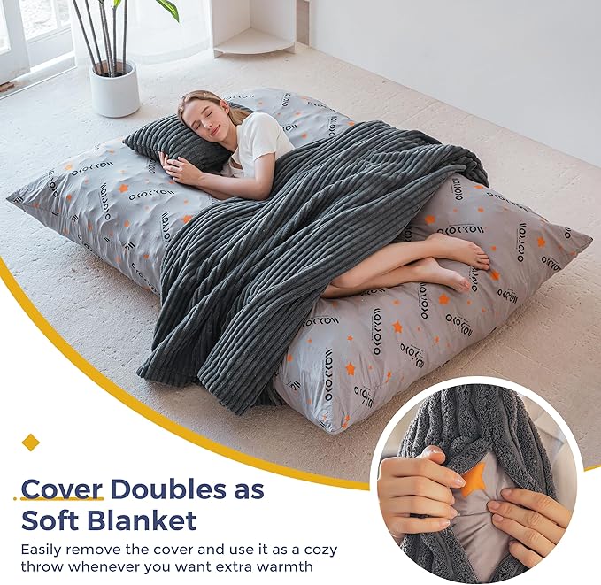 MAXYOYO Giant Bean Bag Chair with Pillow, 3 in 1 Convertible Bean Bag Chair for Adults with Washable Cover, Removable Floor Cushion Stuffed Floor Lounger for Living Room Bedroom, Dark Grey, Full
