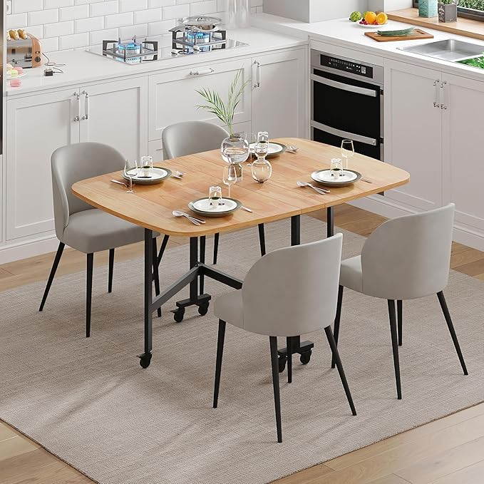 Multifunction Table Drop Leaf Dining Table - 47" Solid Wooden Foldable Kitchen Table with 6 Wheels (Natural)