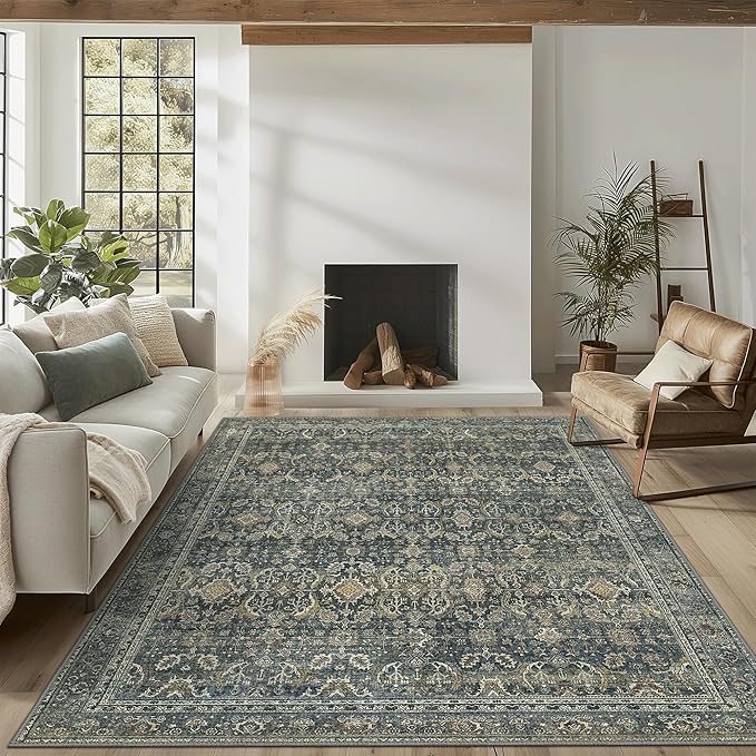 2X7 Area Rugs Machine Washable Rugs for Living Room, Vintage Boho Large Rugs for Bedroom Dining Room, Non Slip Indoor Soft Distressed Lightweight Thin Low Pile Carpet, Deep