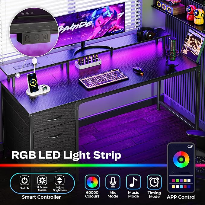 Huuger 55 Inch Computer Desk with Power Outlets and LED Lights, Gaming Desk with 4 Drawers, Office Desk with Monitor Stand, Study Work Home Office, Black