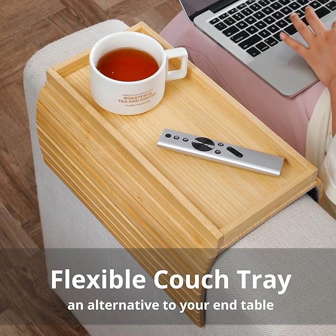 DETOR Couch Arm Tray, Foldable Sofa TV Tray with Capacious 12.4" x 5.4" Storage Box, Natural Bamboo Finish, Enhanced Nonslip Felt Bottom, Sturdy Bamboo Slats Material | for Armrests 6" and Wider