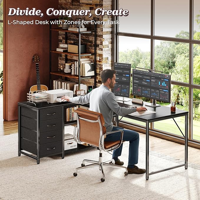 PRAISUN 53" L Shaped Desk with Power Outlets and USB-C Port, Reversible Computer Corner Office Desk with 4 Fabric Drawers and 2 Height-Adjustable Shelves, Large for Gaming Writing Work Study, Black