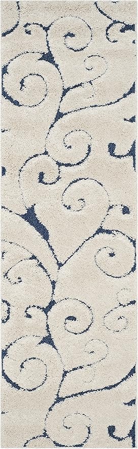 SAFAVIEH Florida Shag Collection Runner Rug - 2'3" x 7', Cream & Blue, Scroll Design, Non-Shedding & Easy Care, 1.2-inch Thick Ideal for High Traffic Areas in Living Room, Bedroom (SG455-1165)