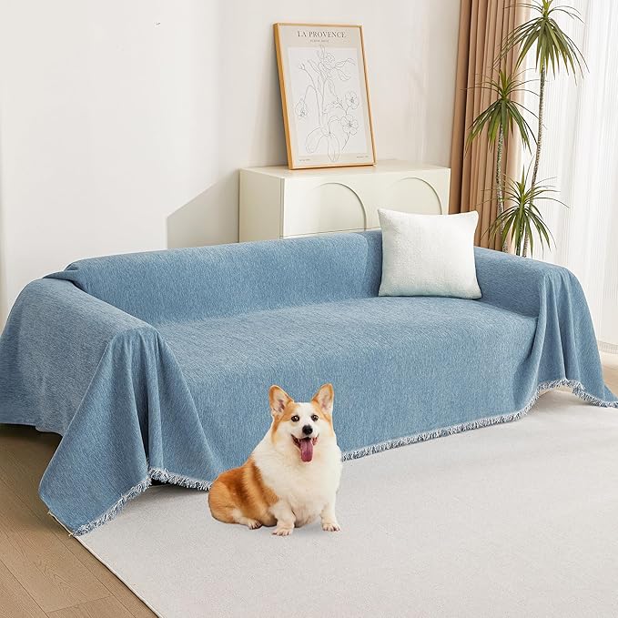 MYSKY HOME Couch Cover Sofa Covers, Sectional Couch Covers for 3 Cushion Couch Sofa, Chenille Sofa Slipcovers, Futon Covers, Machine Washable, Soft Furniture Protector for Kid, 91" x 134", Blue