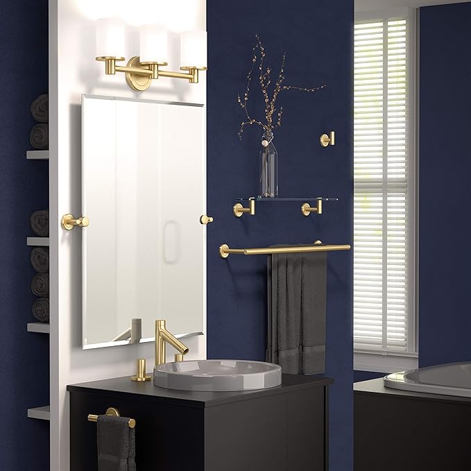 Gatco 4239SM Latitude II Rectangle Mirror, 24" H, Brushed Brass Wall Mounted 24" H x 19.50" W Pivoting (Tilting) Beveled Bathroom Vanity Mirror Total Width with Brackets 24"