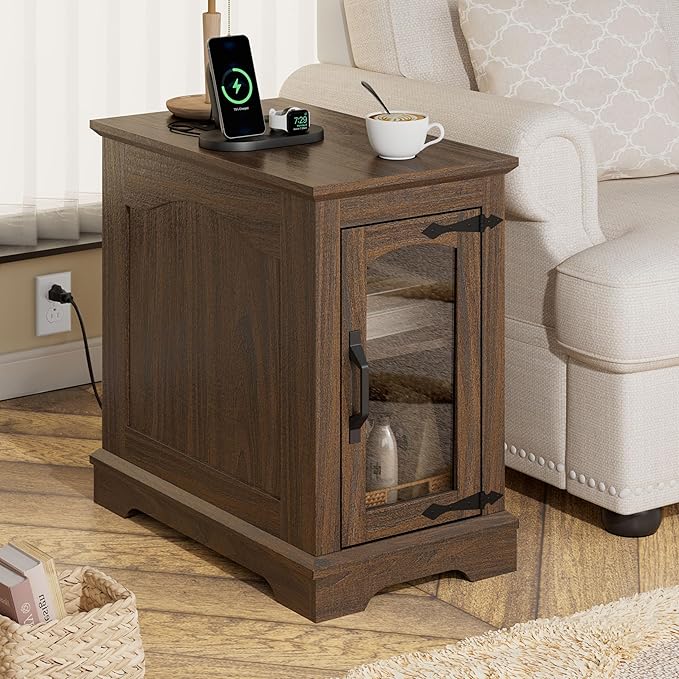 Narrow End Table with Storage, Farmhouse Side Table with Power Outlets & USB Ports, Small Night Stand for Living Room, for Bedroom, Living Room(Glass Door, Walnut)