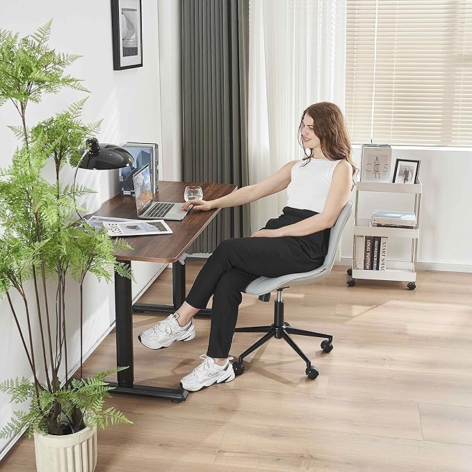YOUNIKE Grey Home Office Desk Chair with Wheels Ergonomic Comfy Armless Vanity Chair with Back Modern Leather Upholstered Rolling Task Chair Small Cute Computer Drafting Sewing Chair Swivel Adjustable