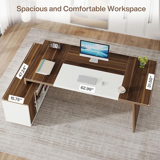 Tribesigns L-Shaped Executive Office Desk, 70.5-Inch Mid-Century Modern Executive Desk with Storage Cabinet and Shelves, Large Computer Desk for Home Office, Brown + White