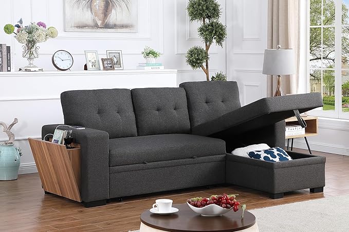 Devion Furniture Maison 4-in-1 Convertible L Shaped Couch with Pull Out Bed and Storage, Sectional Sleeper Sofa with Reversible Chaise for Living Room, Apartment, Bedroom, Office
