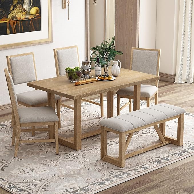Ball & Cast 6-Piece Dining Table Set for 6 People, 60" Wood Dining Kitchen Table & Chairs Set, Dining Room Table with Upholstered Chairs and 1 Bench, Perfect for Dining Room, Kitchen,Natural