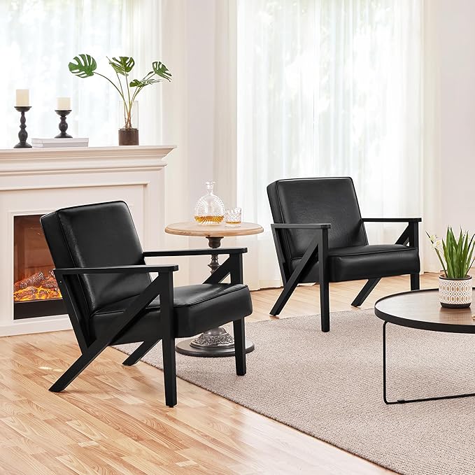 Yaheetech Accent Chair, Armchair with Strong Wood Frame, PU Leather Modern Retro Lounge Chair for Living Room/Lounge/Office/Reception Area, Black