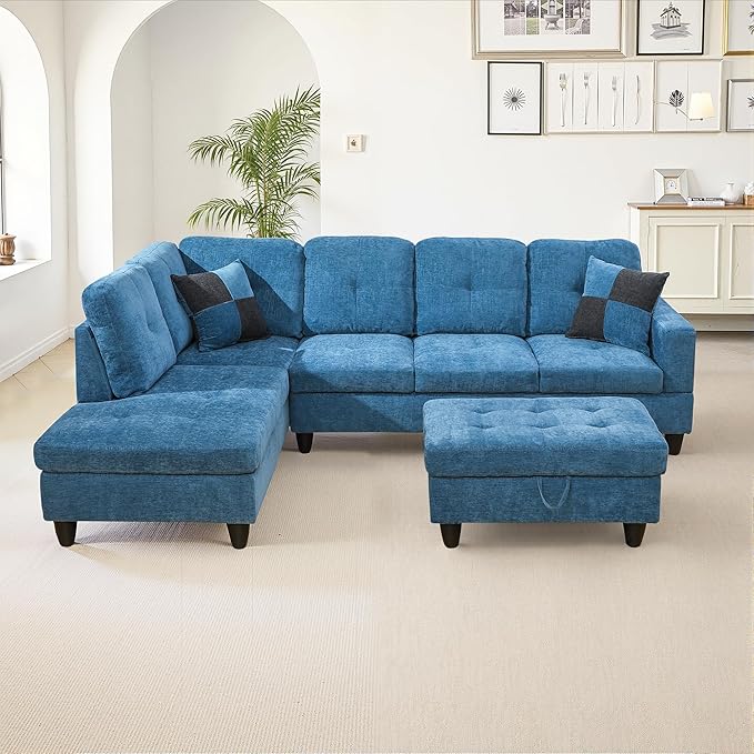 Osparple L Shaped Couch Sectional Couches for Living Room Upholstered Flannel 3 Pieces Modular Sectional Sofa with Chaise, Ottoman with Storage for Living Room and Small Apartment, Steel Blue