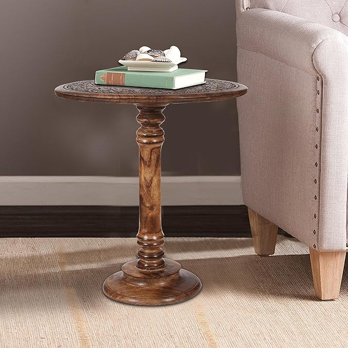 Lightnpro Hand-Carved Wooden Pillar Table - Rustic Accent Vintage Side End Table for Living Room, Entryway, Bedroom, Books, Plants, Lamps & Home Décor - Antique Burnt Finish, 18x22 Inch